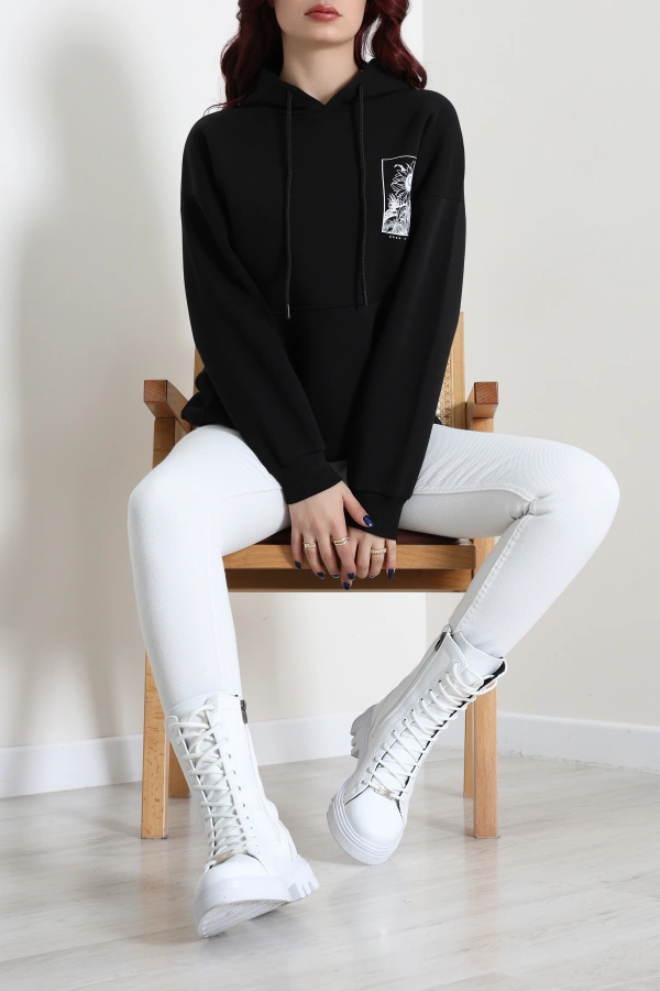 Kadın Siyah Kapüşonlu Baskılı Oversize Sweat 6