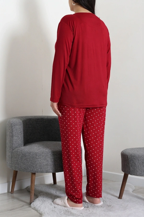 Kadın Kırmızı Puanlı Büyük Beden Baskılı Pijama Takımı 6