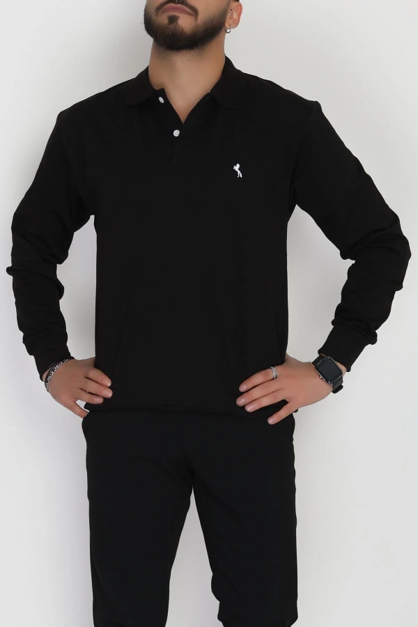 Erkek Siyah 2 İplik Likralı Polo Yaka Sweat 5
