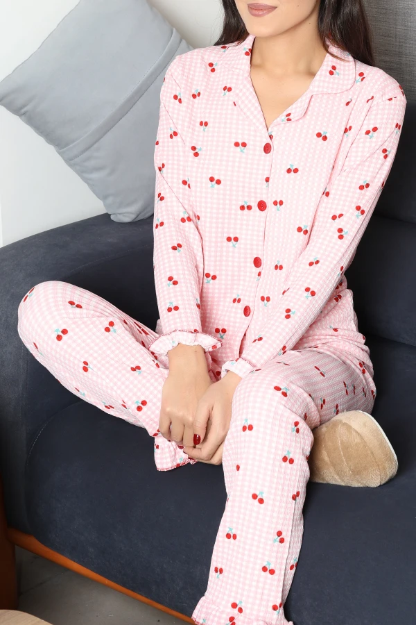 Bürümcük Düğmeli Pijama Takımı Somonbeyaz 5