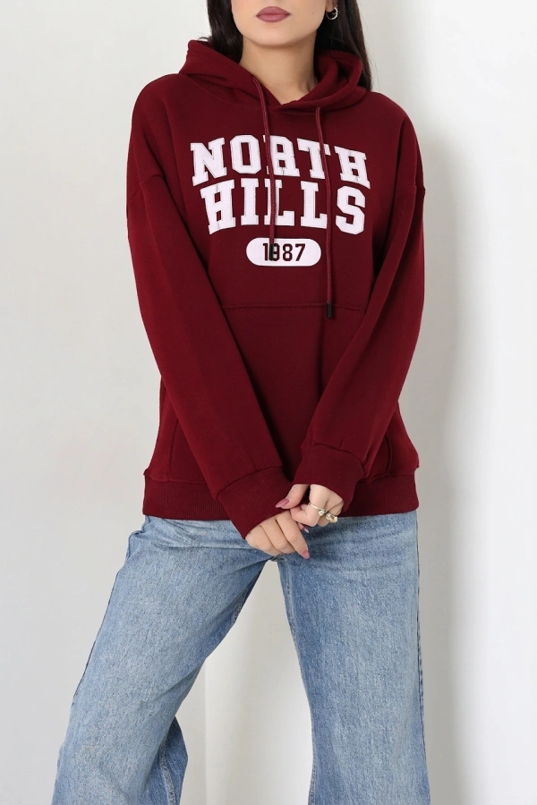 Kadın Bordo Kapüşonlu Baskılı Oversize Sweat Tunik 3
