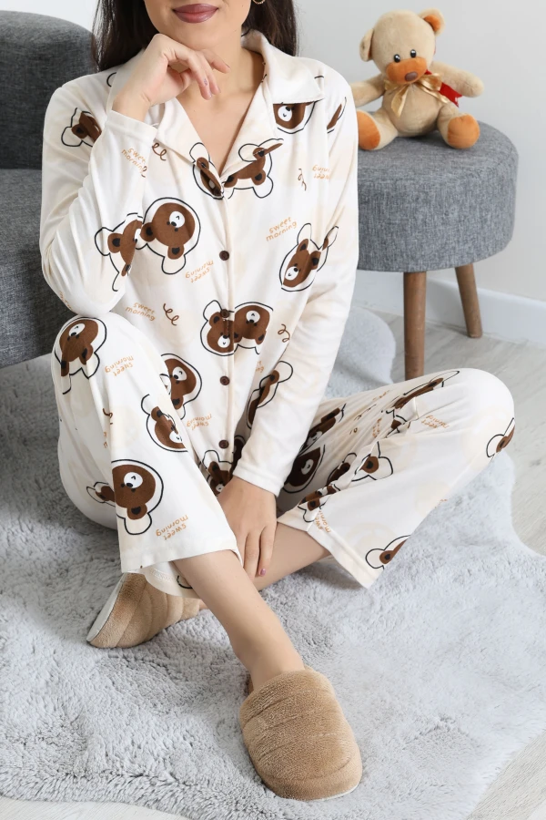 Süet Düğmeli Pijama Takımı Bejkahve 5