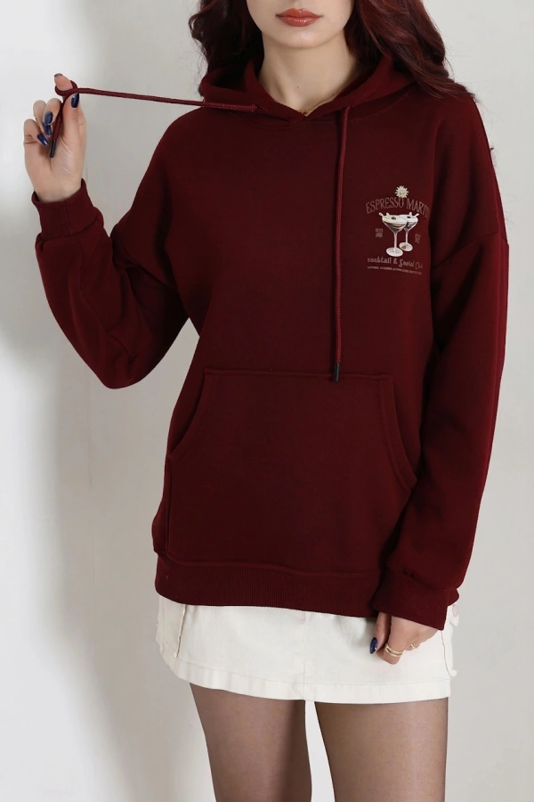 Kadın Bordo Üç İplik Kapüşonlu Baskılı Sweat Tunik 5