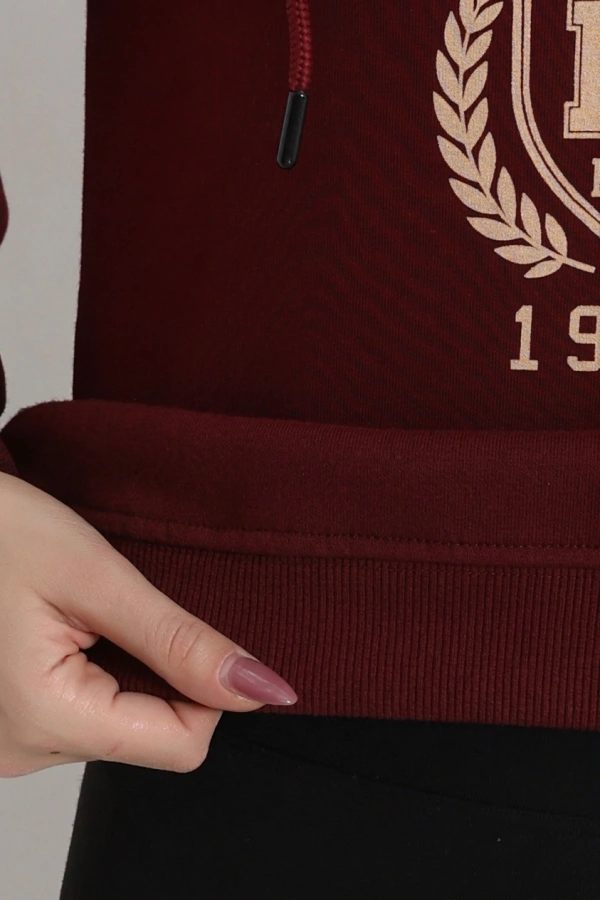 Kadın Bordo Üç İplik Kapüşonlu Baskılı Sweat Tunik 7