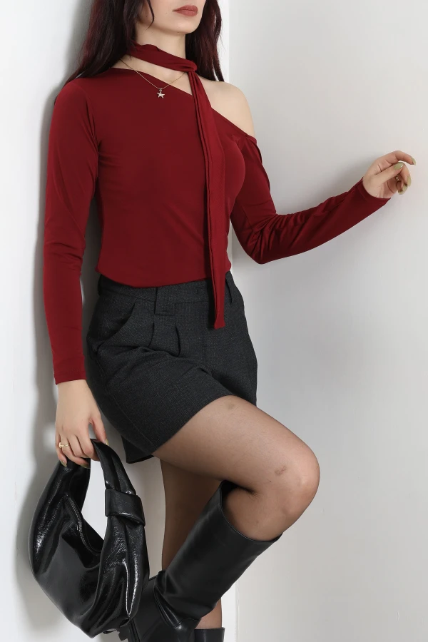 Fularlı Asimetrik Yaka Sandy Bluz Bordo