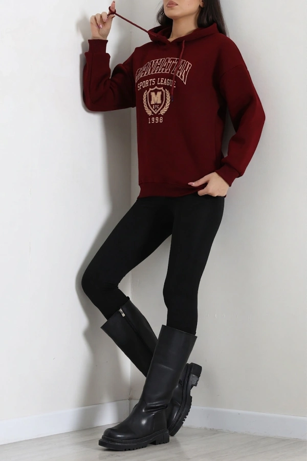 Kadın Bordo Üç İplik Kapüşonlu Baskılı Sweat Tunik 4