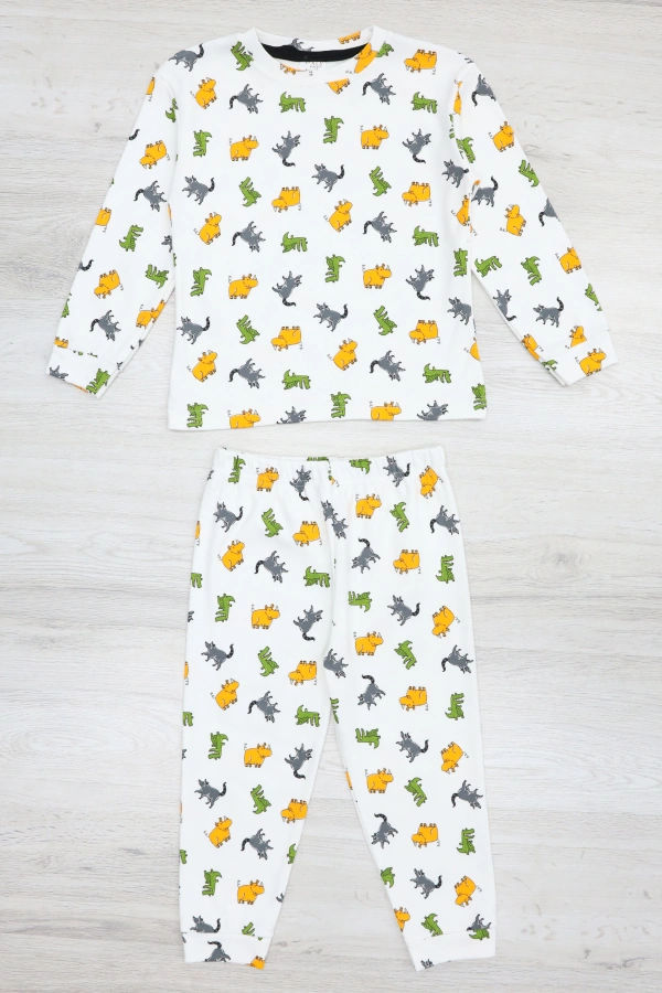 Erkek Çocuk Beyaz Turuncu Pamuklu Rahat Kalıp Pijama Takımı 5