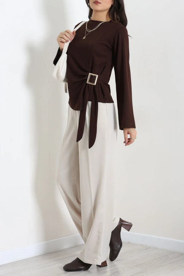 Toka Detaylı Kimono Kol Modal Bluz Acıkahve 6