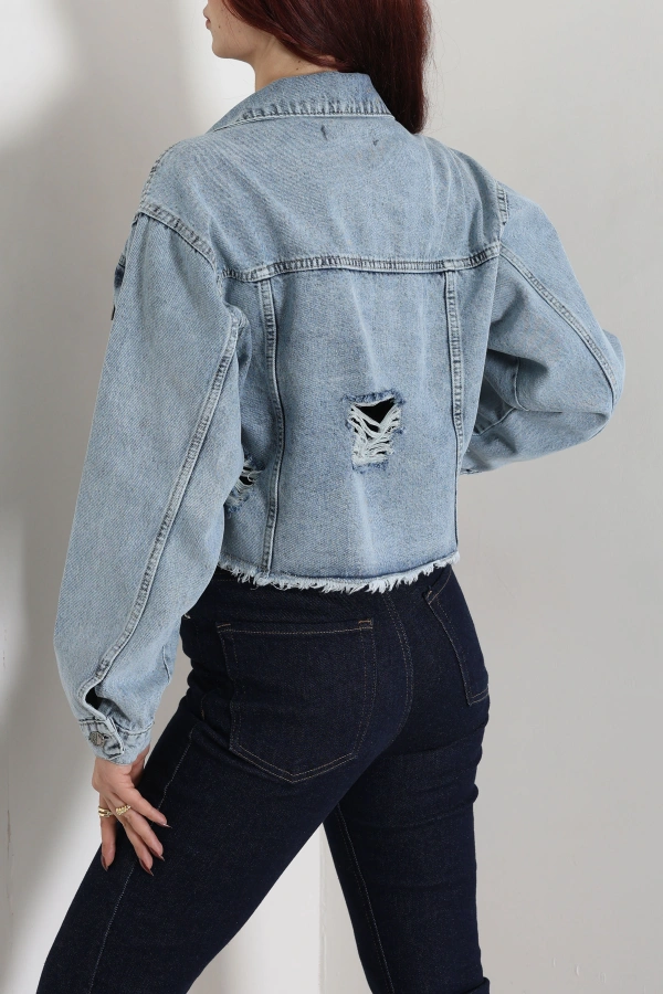 Kadın Buz Mavi Crop Kot Ceket Oversize Fitli 7