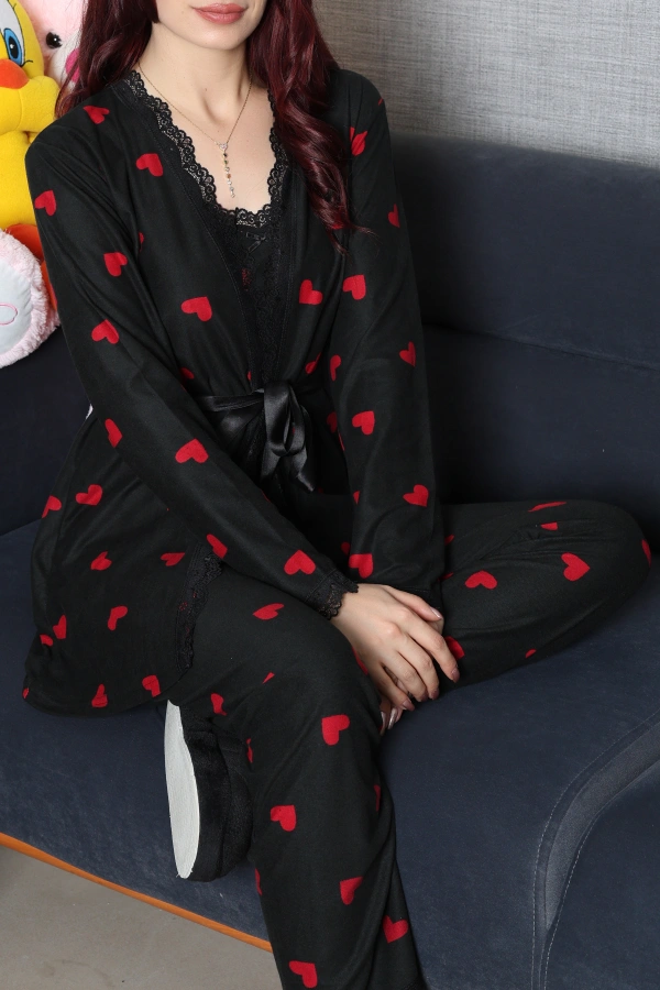 Süet 3'Lü Pijama Set Siyahkırmızı