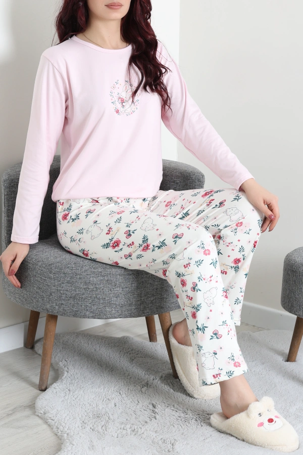 Kadın Pembe Şardonlu Milan Pijama Takımı Rahat Kalıp 7