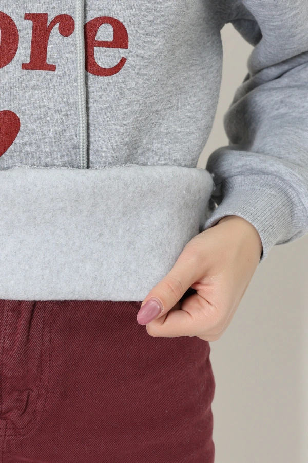 Kadın Gri Üç İplik Kapüşonlu Baskılı Sweatshirt Tunik 7