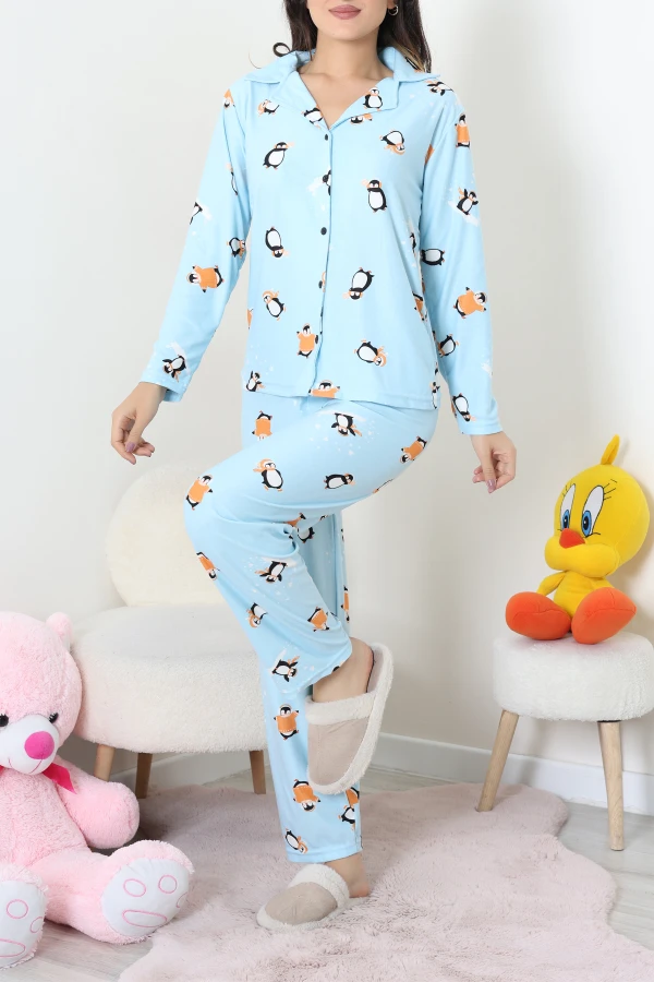 Süet Düğmeli Pijama Takımı Açıkmavi 2