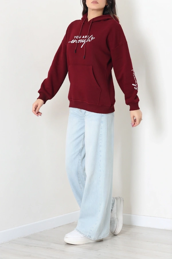 Kadın Bordo Kapüşonlu Baskılı Oversize Sweat Tunik 6