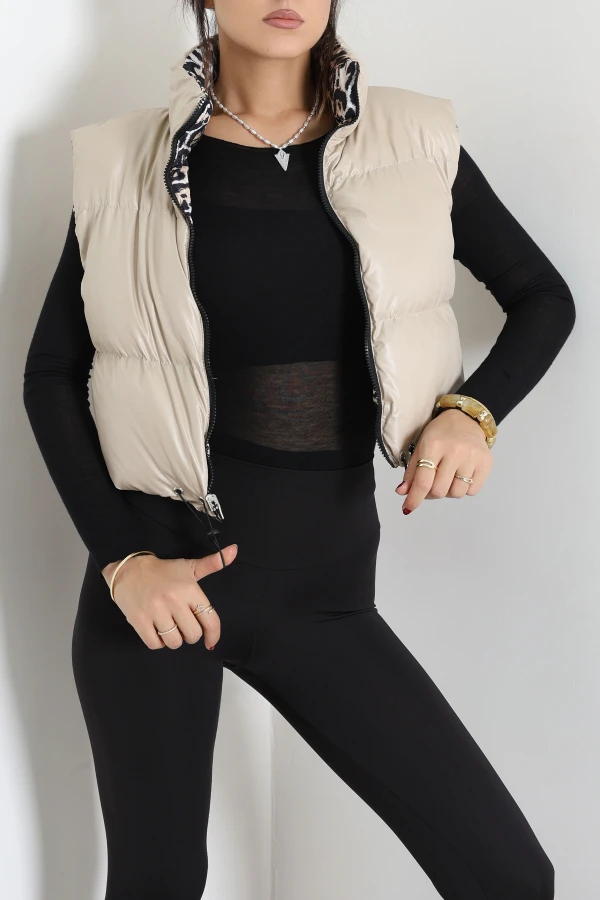 Çift Taraflı Crop Yelek Bejleopar