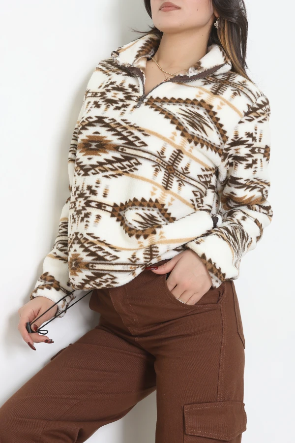Yarım Fermuarlı Peluş Sweat Ekruetnik 3