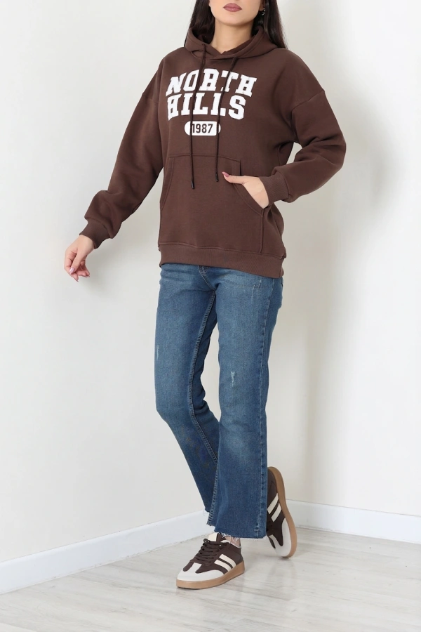 Kadın Kahve Kapüşonlu Baskılı Sweat Tunik 6