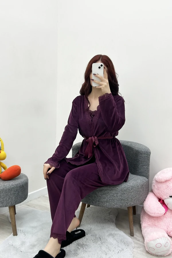Fransız Kadife 3'Lü Pijama Seti Mor 7