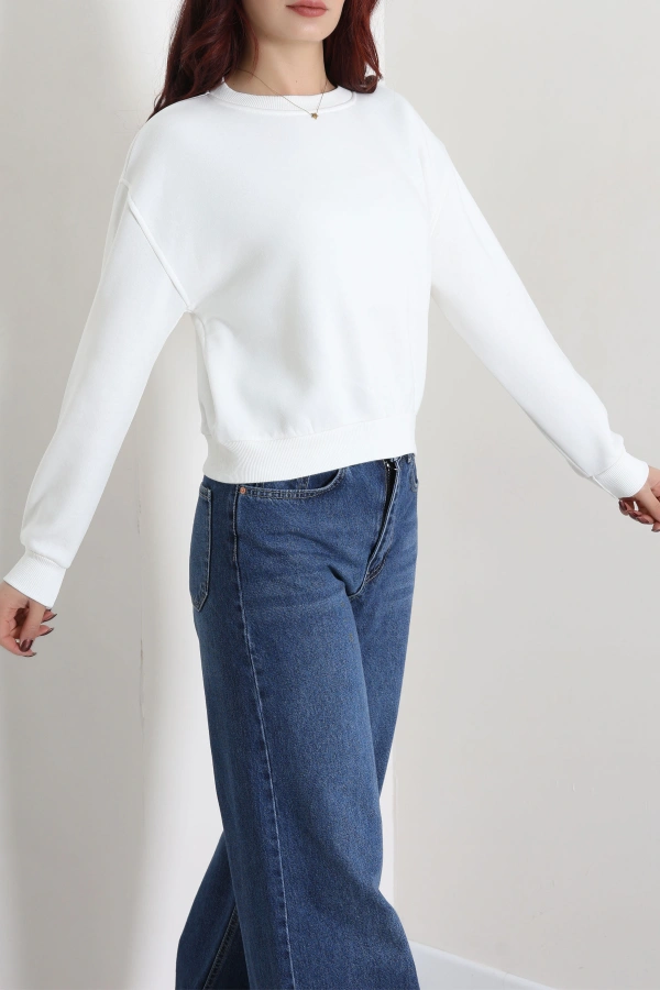Kadın Ekru 3 İplik Bisiklet Yaka Şardonlu Sweatshirt 5