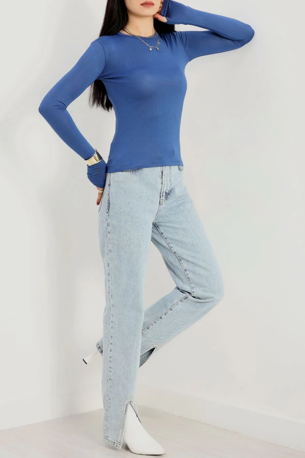 Bisiklet Yaka Parmak Geçmeli Viskon Body İndigo 2