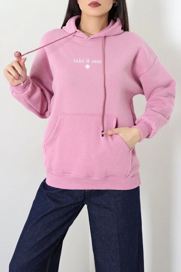 Kadın Pembe Üç İplik Kapüşonlu Nakışlı Sweat Tunik 3