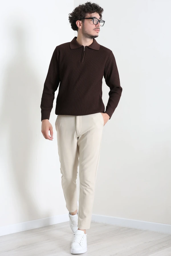 Fermuarlı Polo Yaka Erkek Triko Sweat Kahve 7