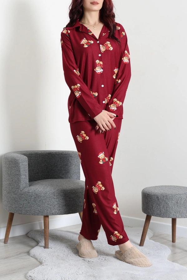 Kadın Bordo Süet Düğmeli Pijama Takımı 5