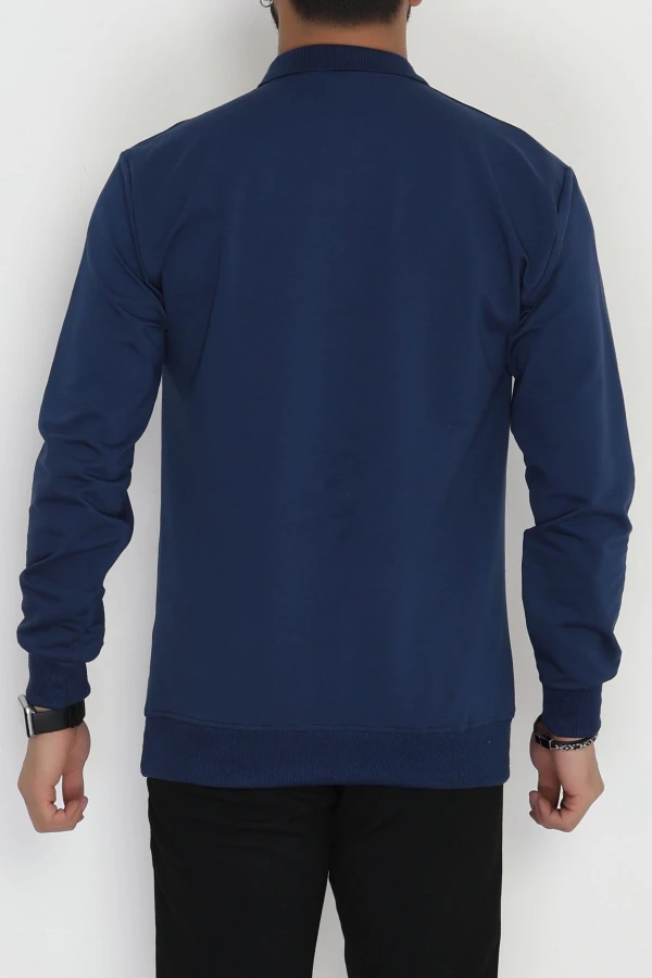 Erkek Lacivert 2 İplik Likralı Polo Yaka Sweatshirt 8