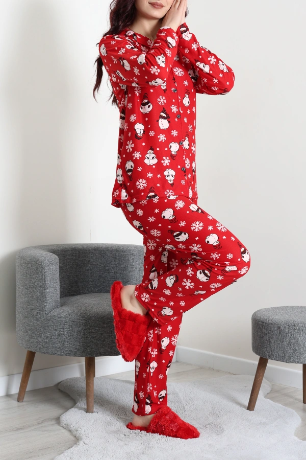 Kadın Kırmızı Beyaz Süet Düğmeli Rahat Pijama Takımı 6