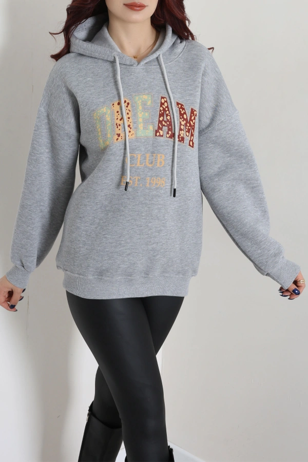 Kadın Gri Üç İplik Baskılı Kapüşonlu Sweat Tunik 5