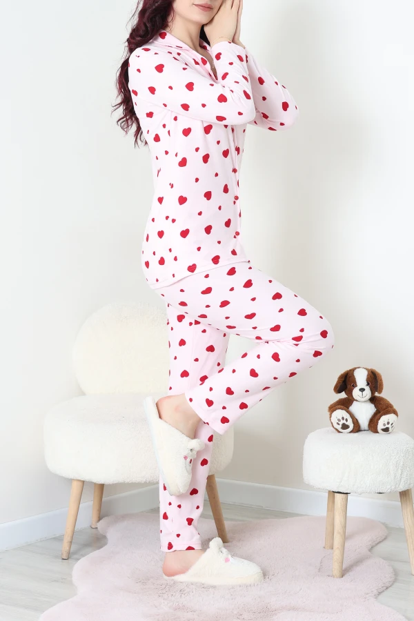 Kadın Pembe Kalpli Süet Düğmeli Pijama Takımı 6