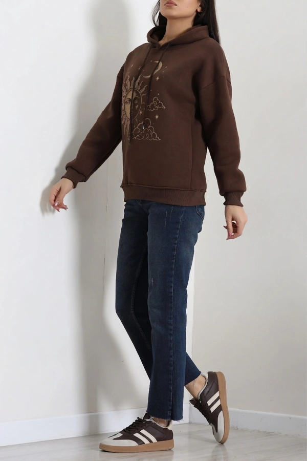 Kadın Kahve Üç İplik Kapüşonlu Baskılı Oversize Sweat 6