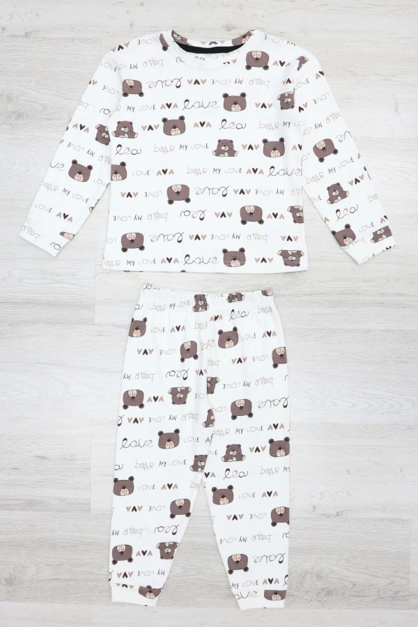 Çocuk Beyazkahve Desenli Pamuklu Rahat Kesim Pijama Takımı 5