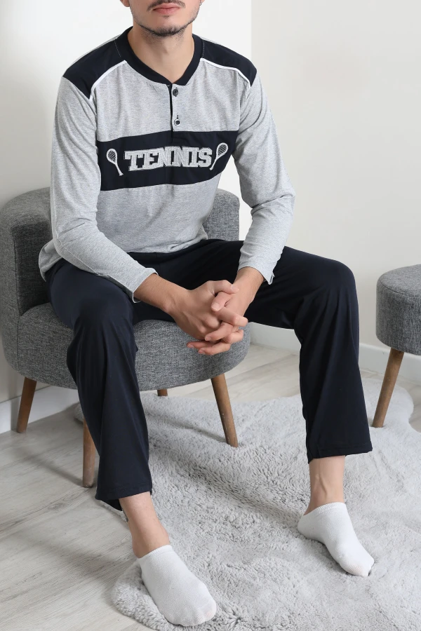 Erkek Gri Süprem Patlı Garnili Pijama Takımı Rahat Kalıp 3