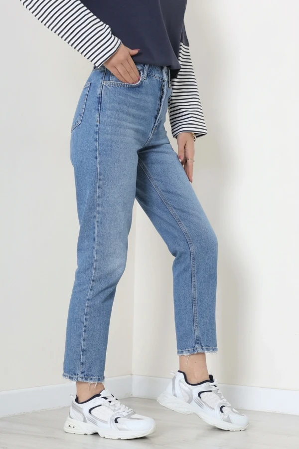 Kadın Mavi Mom Fit Yüksek Bel Pamuklu Kot Pantolon