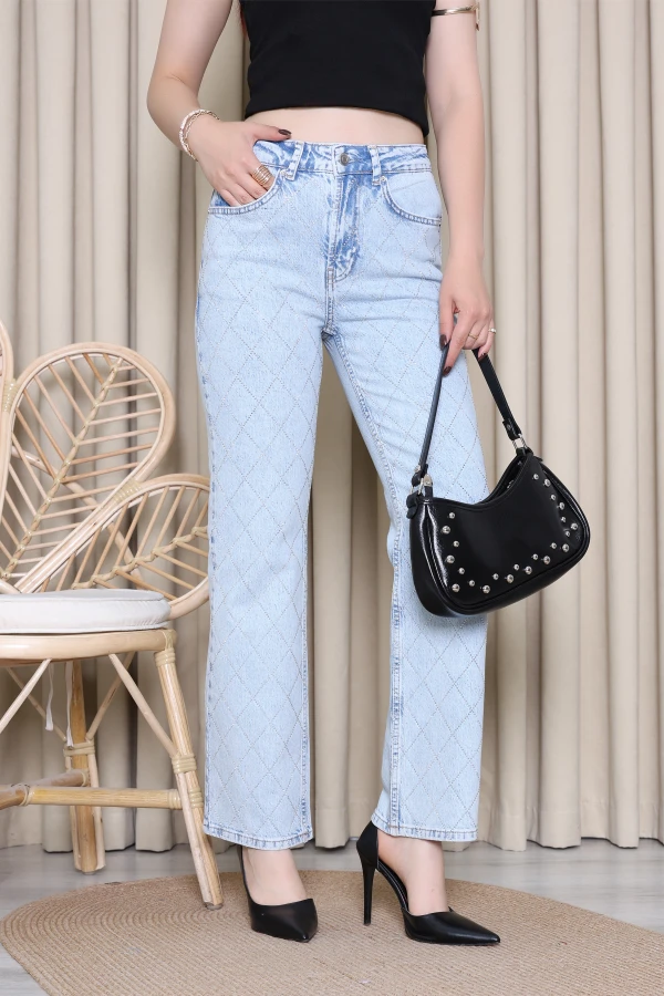 Premium Taşlı Straight Kot Pantolon Buzmavi 3