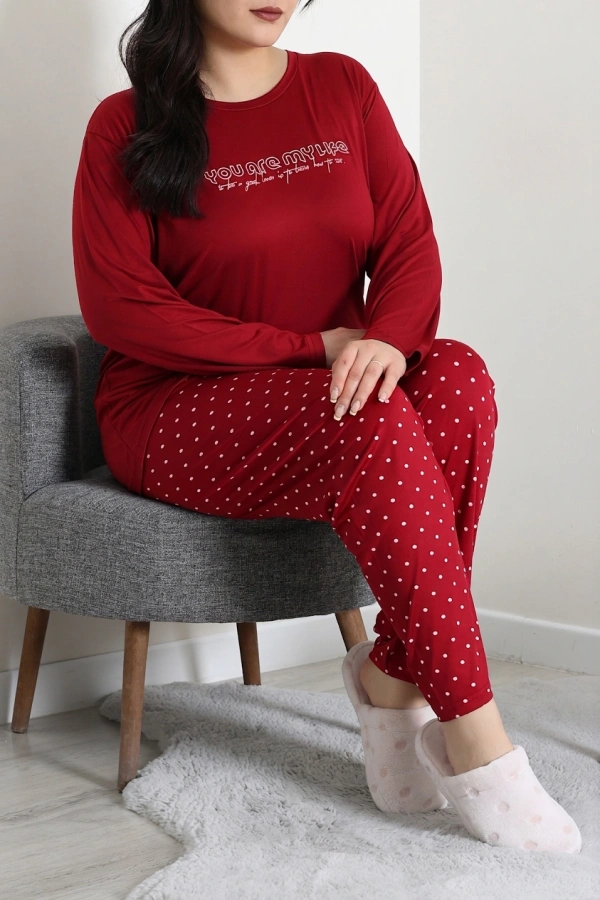 Kadın Kırmızı Puanlı Büyük Beden Baskılı Pijama Takımı 2