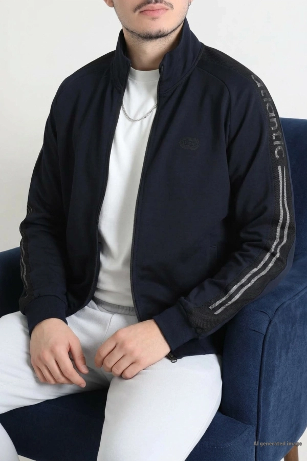 Dik Yaka Yandan Şeritli 2 İplik Kompakt Penye Erkek Sweat Lacivert