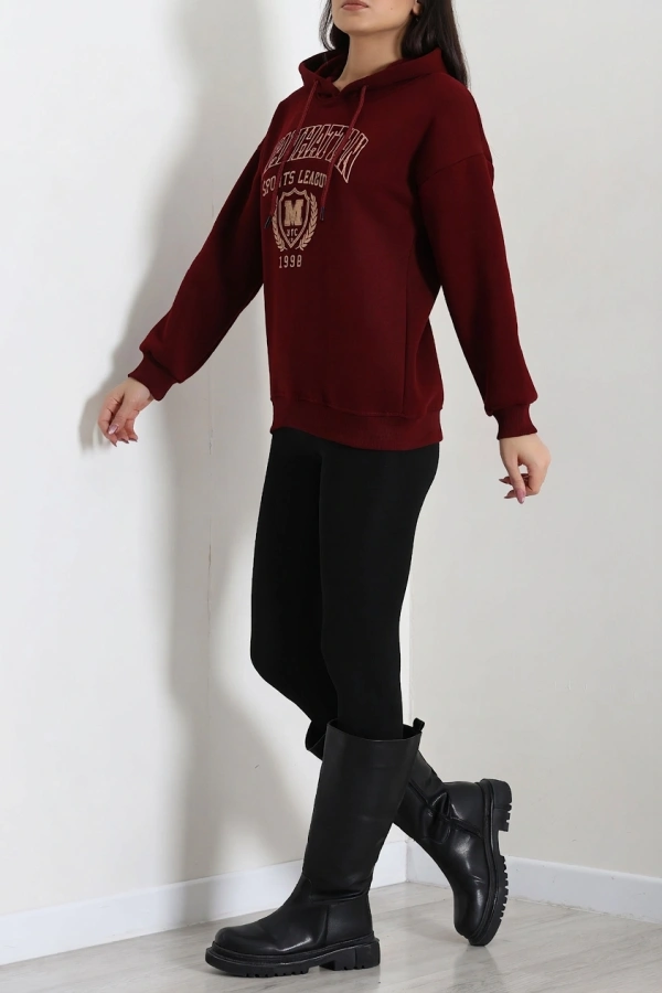 Kadın Bordo Üç İplik Kapüşonlu Baskılı Sweat Tunik 6