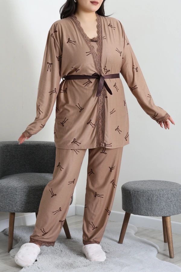 Kadın Vizon Süet 3'lü Büyük Beden Pijama Takımı 6
