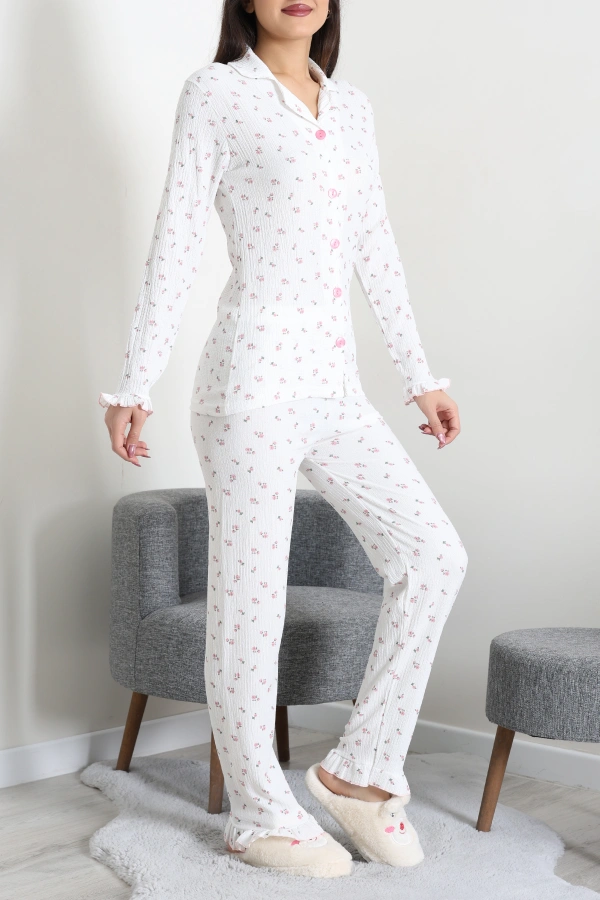Kadın Beyazpembe Bürümcük Düğmeli Rahat Pijama Takımı 3