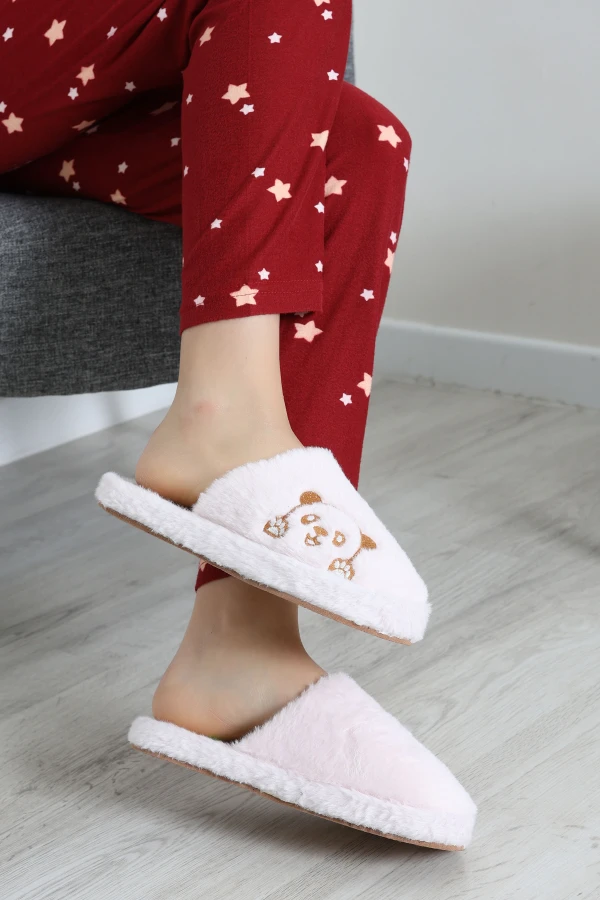 Kadın Pudra Patili Kalp Desenli Peluş Ev Terliği 6