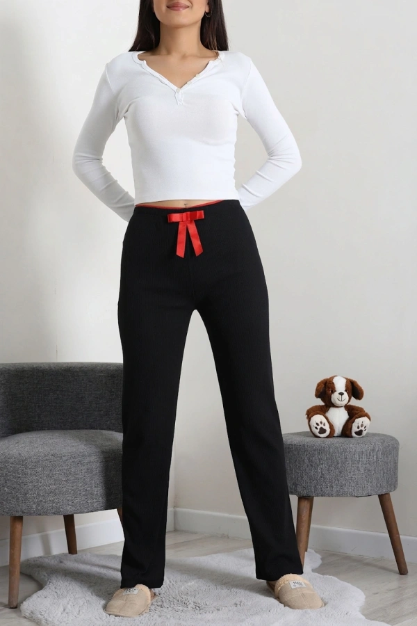 Kadın Siyah Ribana Pamuklu Rahat Kalıp Pijama Altı 4