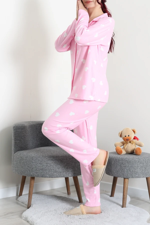 Kadın Pembe Kalpli Süet Düğmeli Pijama Takımı 4