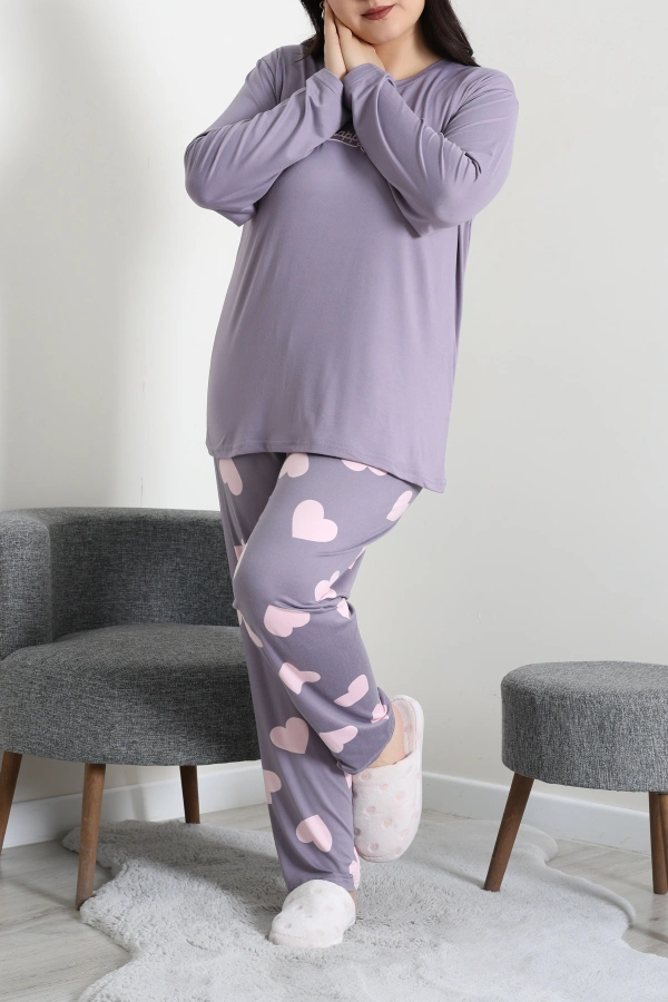 Kadın Mor Büyük Beden Baskılı Pamuklu Pijama Takımı 5