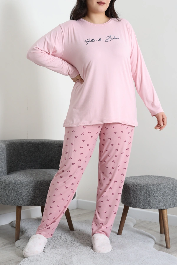 Kadın Pudra Büyük Beden Baskılı Pamuklu Pijama Takımı 2