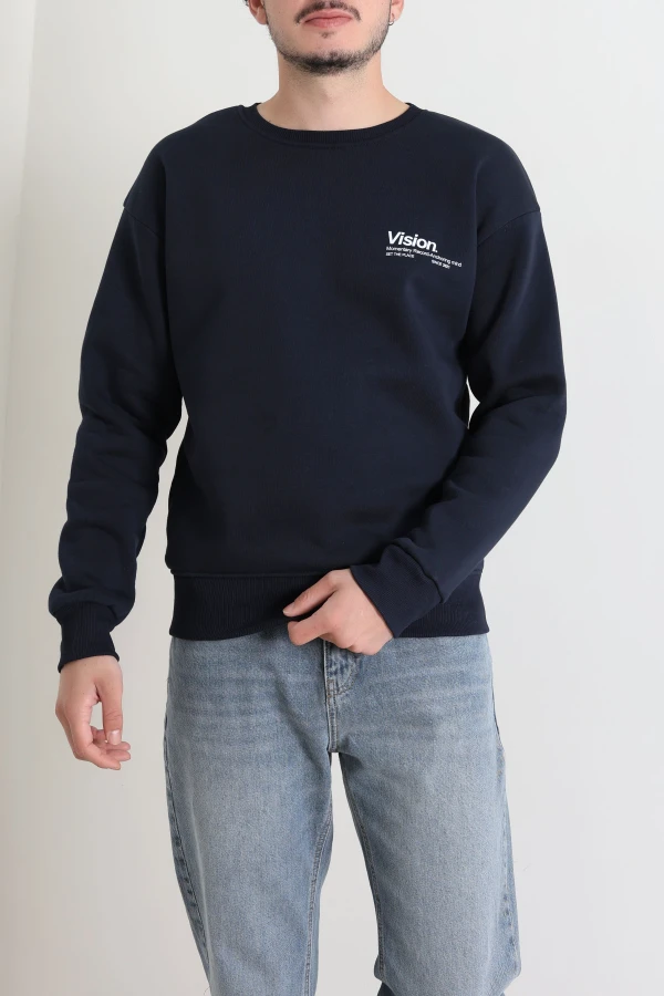 Erkek Lacivert Bisiklet Yaka Baskılı Şardonlu 3 İplik Sweatshirt 3