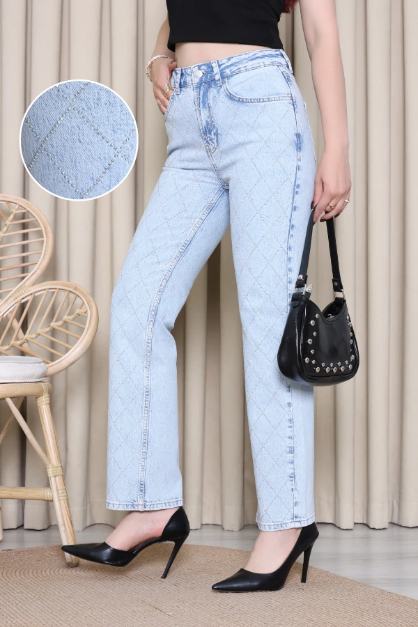Premium Taşlı Straight Kot Pantolon Buzmavi