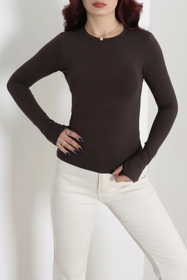 Kadın Acıkahve Likralı Süprem Bisiklet Yaka Parmak Geçmeli Body 3