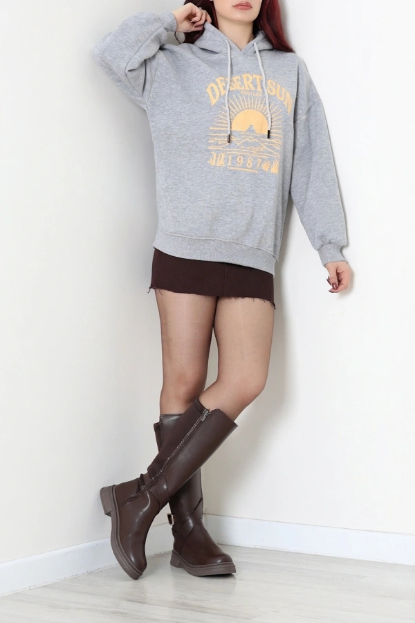Kadın Gri Üç İplik Kapüşonlu Baskılı Oversize Sweat 6